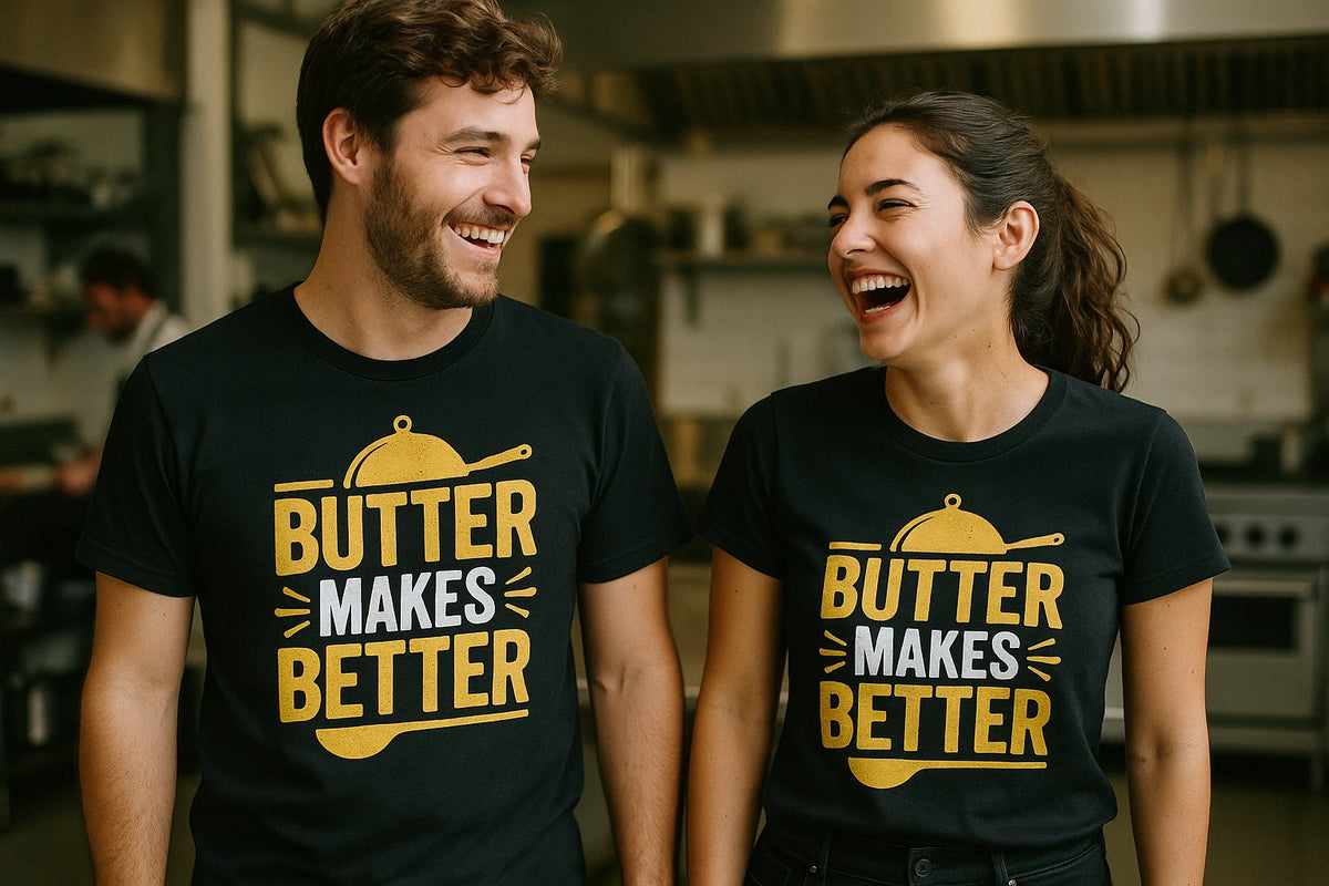 Person wearing the black cooking shirts graphic tee - "Butter Makes Better" design