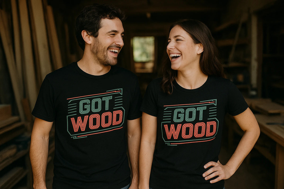 Person wearing the black carpentry t shirt graphic tee - "Got Wood" design