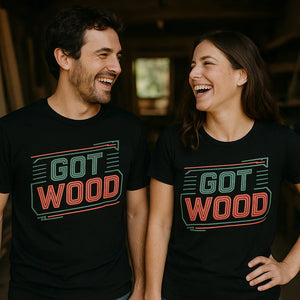 Person wearing the black carpentry t shirt graphic tee - "Got Wood" design