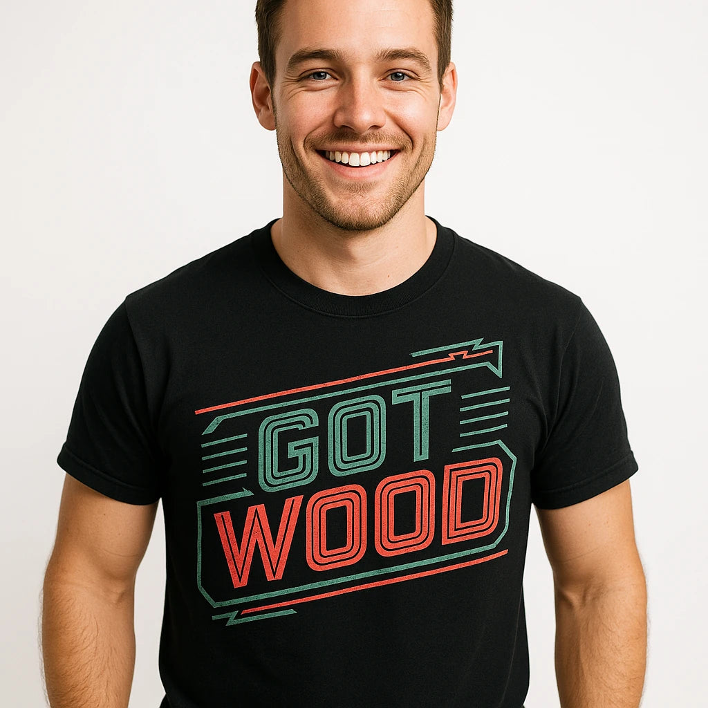 Close-up of the "Got Wood" green print on a premium Bella+Canvas black carpentry t shirt