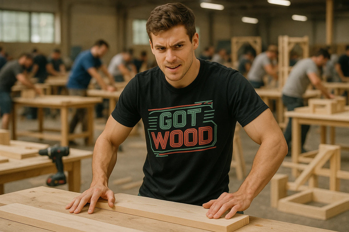 Lifestyle shot of the "Got Wood" black carpentry t shirt in a real-world setting