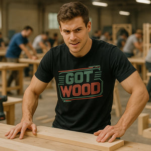 Lifestyle shot of the "Got Wood" black carpentry t shirt in a real-world setting