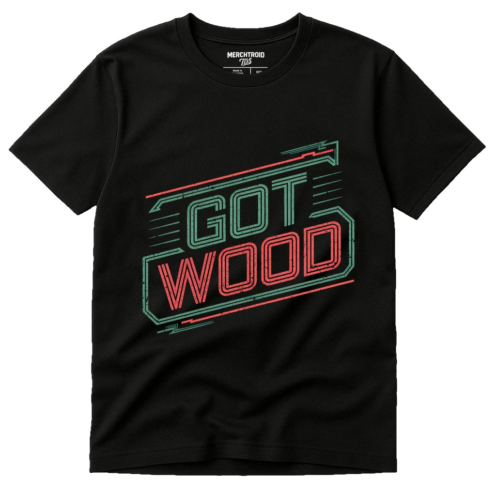 Black Carpentry T Shirt - "Got Wood" graphic tee with green print, flat lay product photo