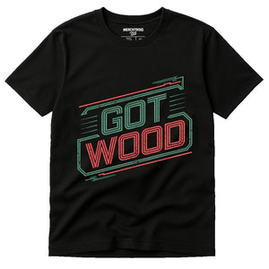 Black Carpentry T Shirt - "Got Wood" graphic tee with green print, flat lay product photo