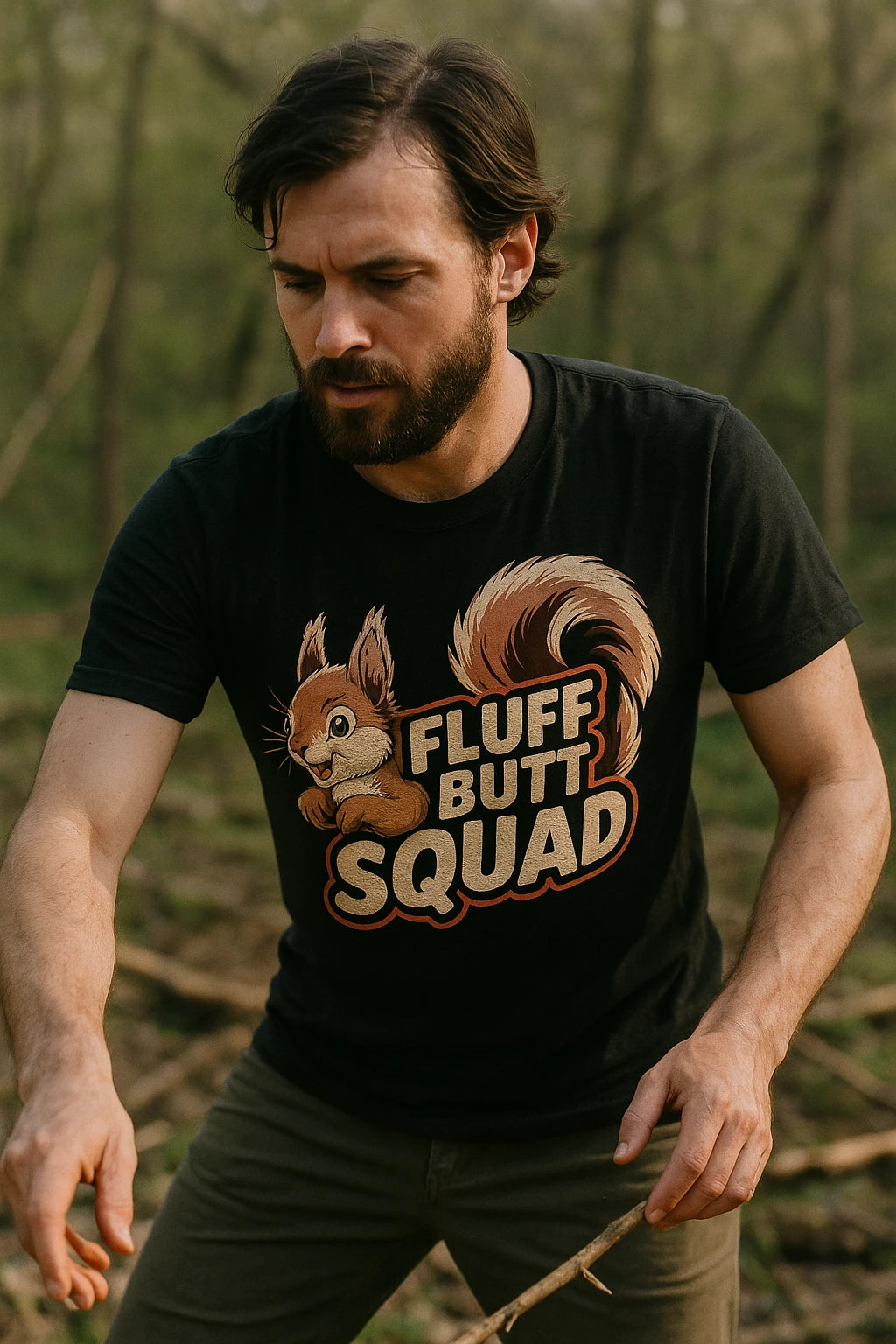 "Fluff Butt Squad" black squirrel tee, photographed as unique gifts for squirrel lovers