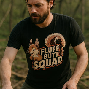 "Fluff Butt Squad" black squirrel tee, photographed as unique gifts for squirrel lovers