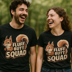 Person wearing the black squirrel tee graphic tee - "Fluff Butt Squad" design