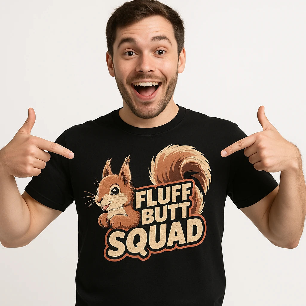 Close-up of the "Fluff Butt Squad" beige print on a premium Bella+Canvas black squirrel tee