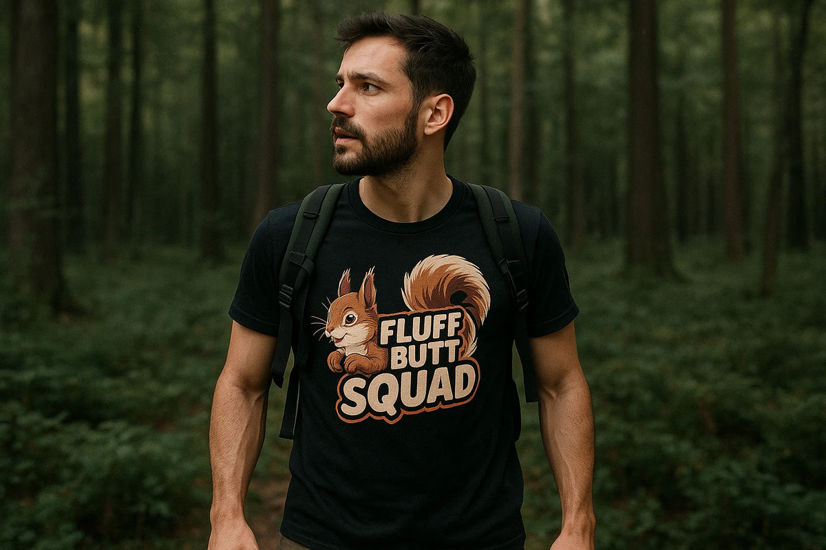 Lifestyle shot of the "Fluff Butt Squad" black squirrel tee in a real-world setting
