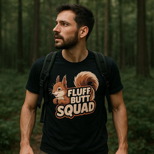Lifestyle shot of the "Fluff Butt Squad" black squirrel tee in a real-world setting
