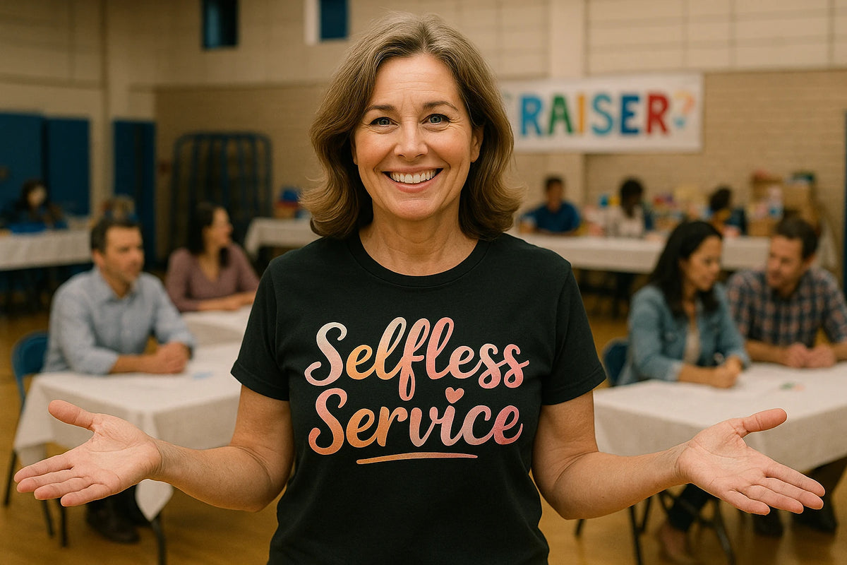 Lifestyle shot of the "Selfless Service" black mom life t shirt in a real-world setting