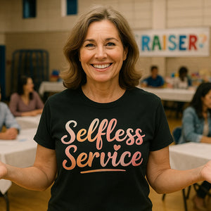 Lifestyle shot of the "Selfless Service" black mom life t shirt in a real-world setting