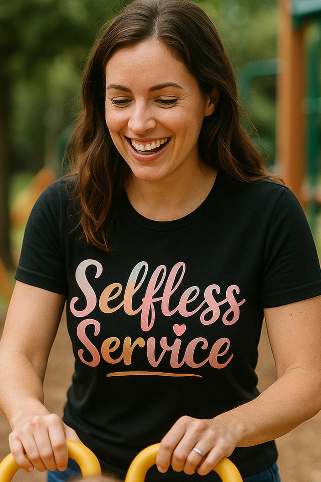 "Selfless Service" black mom life t shirt, photographed as mom life lover gift