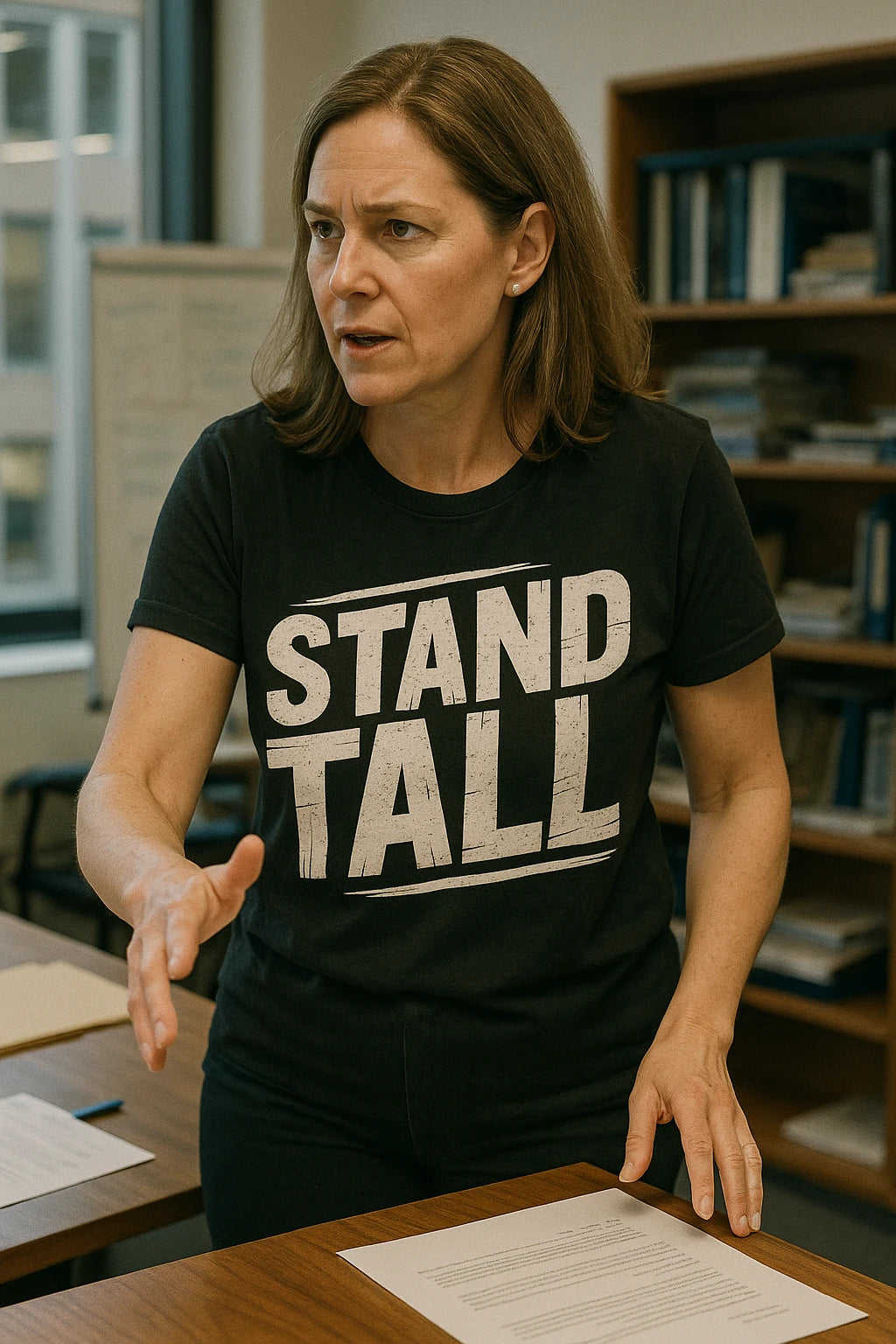 A person with medium-length brown hair is gesturing while standing in an office setting. They are wearing a black t-shirt with the words "STAND TALL" printed in bold white letters. In the background, bookshelves filled with books are visible.