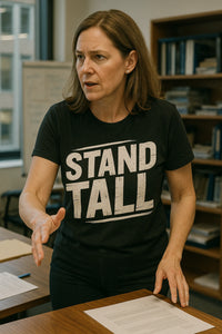 A person with medium-length brown hair is gesturing while standing in an office setting. They are wearing a black t-shirt with the words 