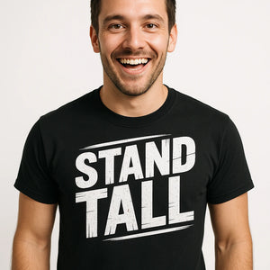Close-up of the "Stand Tall" white print on a premium Bella+Canvas black activism t shirt