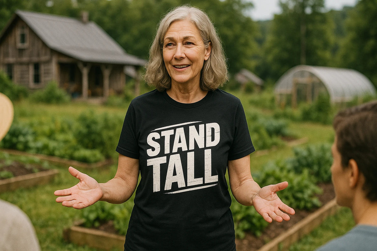 Lifestyle shot of the "Stand Tall" black activism t shirt in a real-world setting