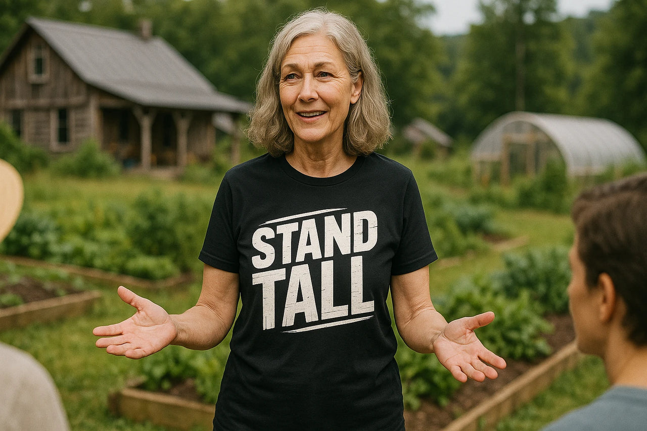 An older woman with gray hair stands outdoors, smiling and gesturing with her hands. She's wearing a black T-shirt with the text "STAND TALL." Behind her is a garden with raised beds and a rustic building. Two people are partially visible, engaging with her.