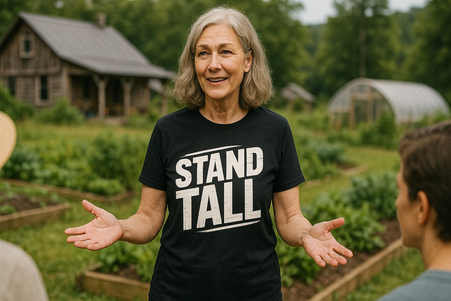 An older woman with gray hair stands outdoors, smiling and gesturing with her hands. She's wearing a black T-shirt with the text "STAND TALL." Behind her is a garden with raised beds and a rustic building. Two people are partially visible, engaging with her.