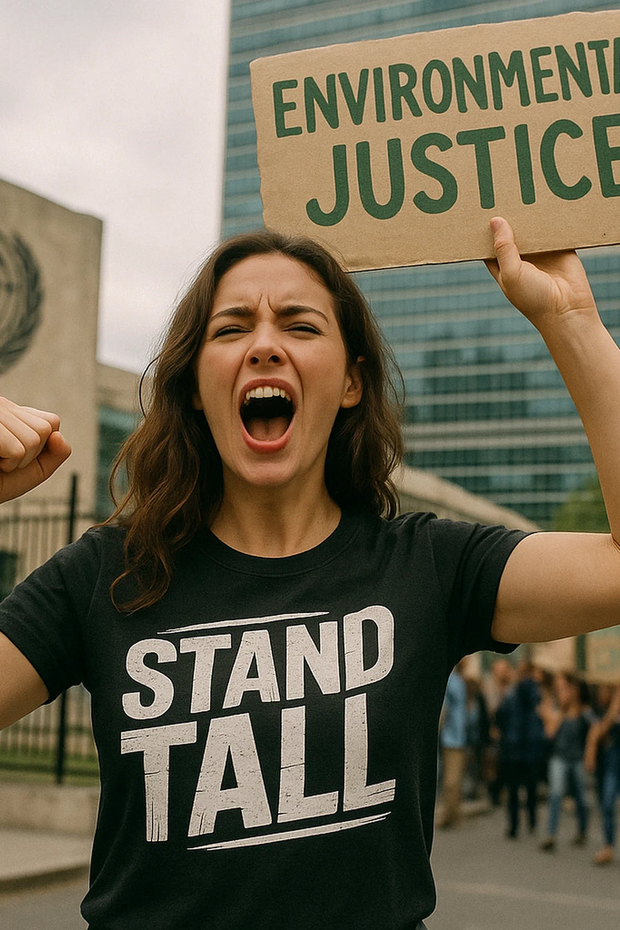 A person with medium-length hair, wearing a black T-shirt with the text "STAND TALL," is passionately shouting while holding a cardboard sign that reads "ENVIRONMENTAL JUSTICE." The background includes a building and a crowd of people, suggesting a protest or demonstration scene.