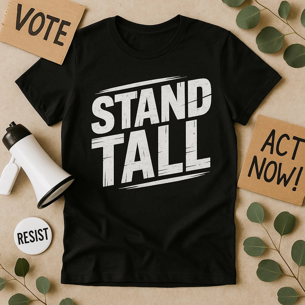A black t-shirt with the text "STAND TALL" in bold white letters laid on a surface surrounded by green leaves. Next to the shirt, there is a white megaphone, a button with "RESIST," and cardboard signs with "VOTE" and "ACT NOW!" written on them.