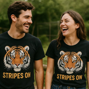 Person wearing the black tiger shirts graphic tee - "Stripes On" design