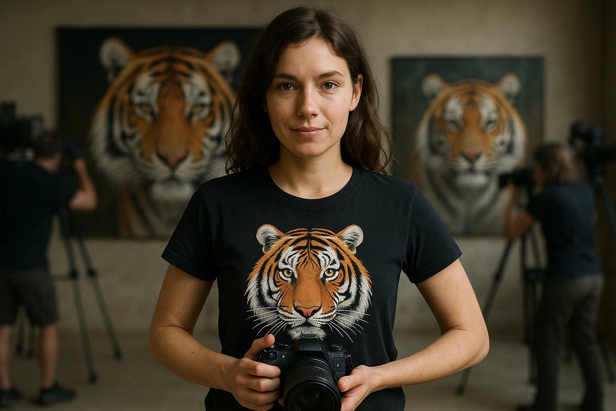 Lifestyle shot of the "Stripes On" black tiger shirts in a real-world setting