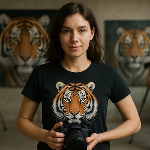 Lifestyle shot of the "Stripes On" black tiger shirts in a real-world setting