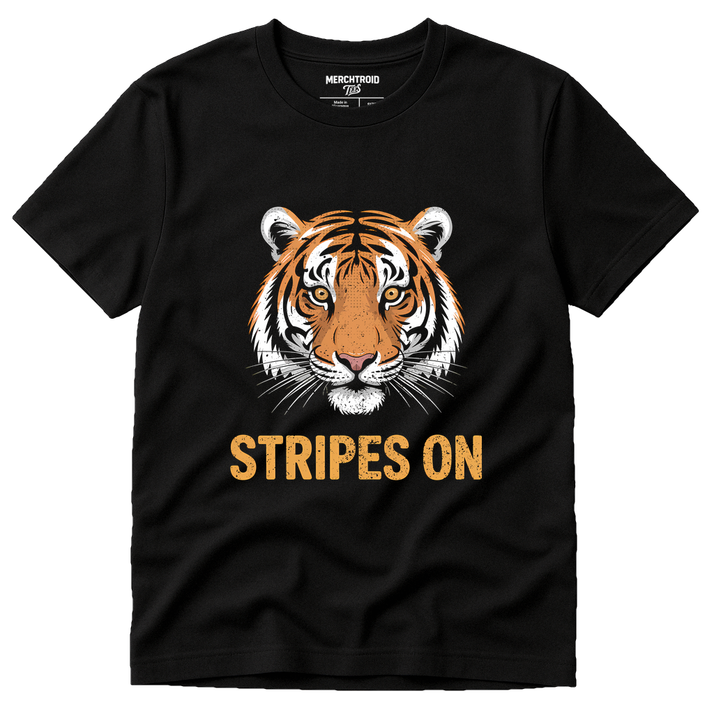 Black Tiger Shirts - "Stripes On" graphic tee with gold print, flat lay product photo