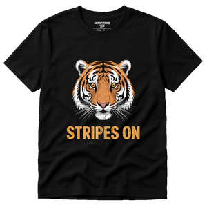 Black Tiger Shirts - "Stripes On" graphic tee with gold print, flat lay product photo