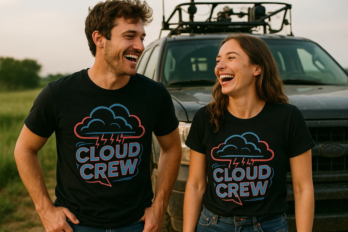 Person wearing the black storms t shirt graphic tee - "Cloud Crew" design