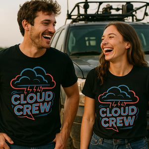 Person wearing the black storms t shirt graphic tee - "Cloud Crew" design