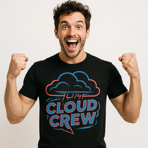 Close-up of the "Cloud Crew" blue print on a premium Bella+Canvas black storms t shirt