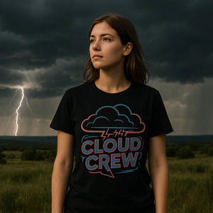 Lifestyle shot of the "Cloud Crew" black storms t shirt in a real-world setting