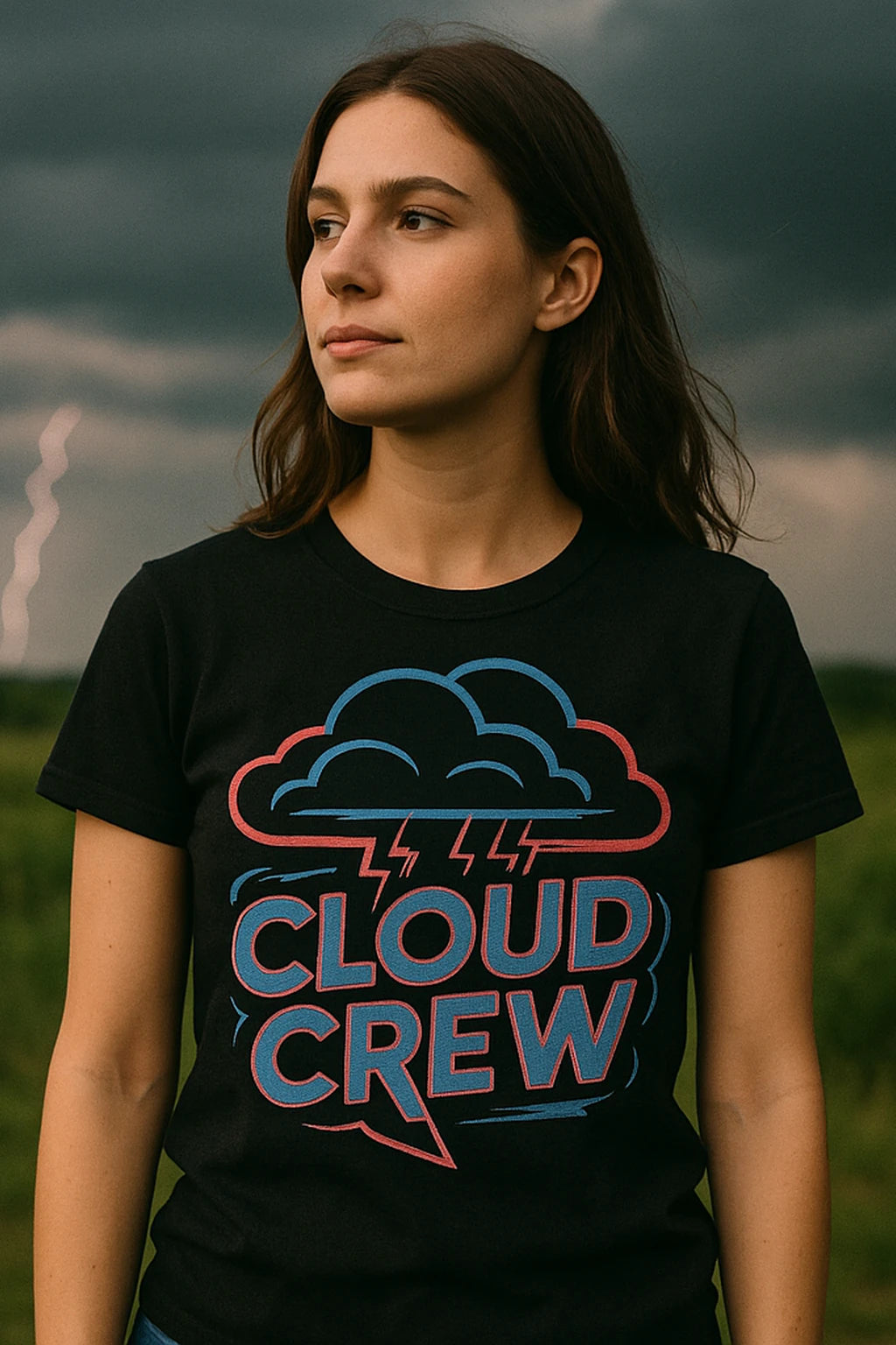 "Cloud Crew" black storms t shirt, photographed as storms lover gift