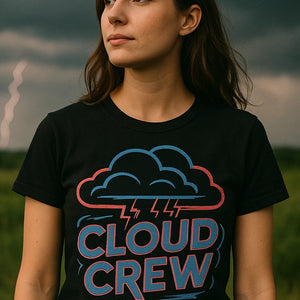 "Cloud Crew" black storms t shirt, photographed as storms lover gift