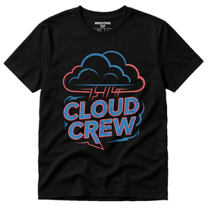 Black Storms T Shirt - "Cloud Crew" graphic tee with blue print, flat lay product photo
