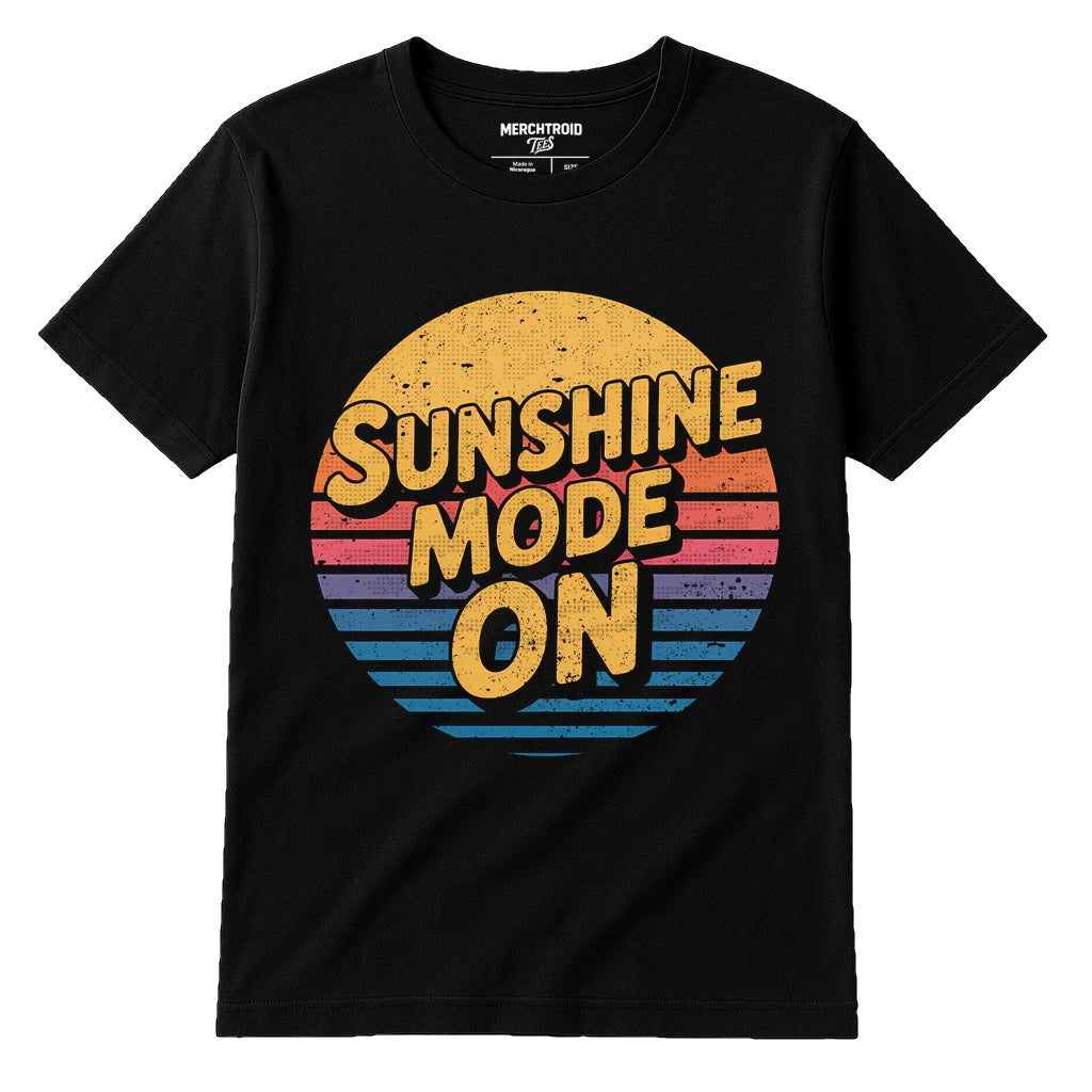 Black Growth Mindset T Shirt - "Sunshine Mode On" graphic tee with gold print, flat lay product photo
