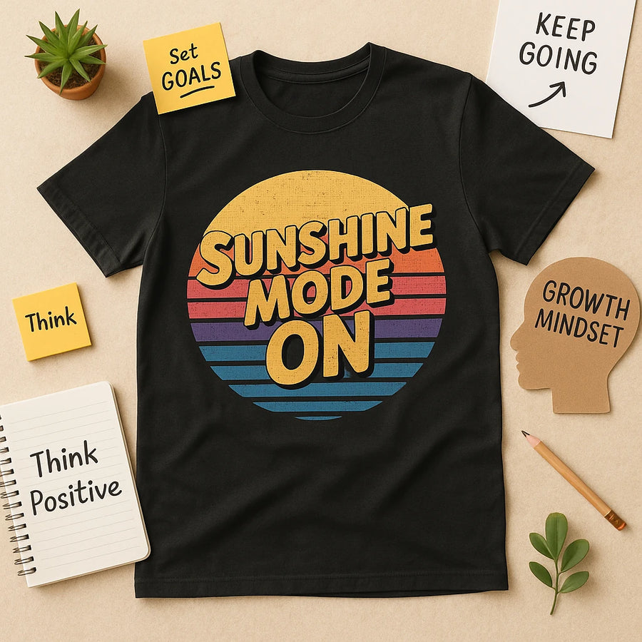 A black t-shirt with a retro-style design that includes a yellow sun and multicolored stripes in the background. Surrounding the t-shirt are various motivational notes and objects: a notepad with "Think Positive," a paper with "Set GOALS," another with "KEEP GOING," and a cutout of a head with "GROWTH MINDSET." A pencil, plant, and small branch are also present on the beige surface.