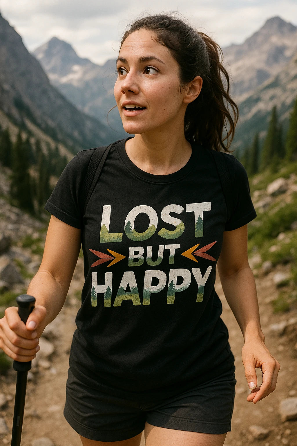"Lost But Happy" black trekking shirts mens, photographed as gifts for trekking lovers