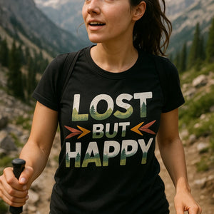 "Lost But Happy" black trekking shirts mens, photographed as gifts for trekking lovers