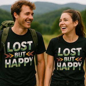 Person wearing the black trekking shirts mens graphic tee - "Lost But Happy" design
