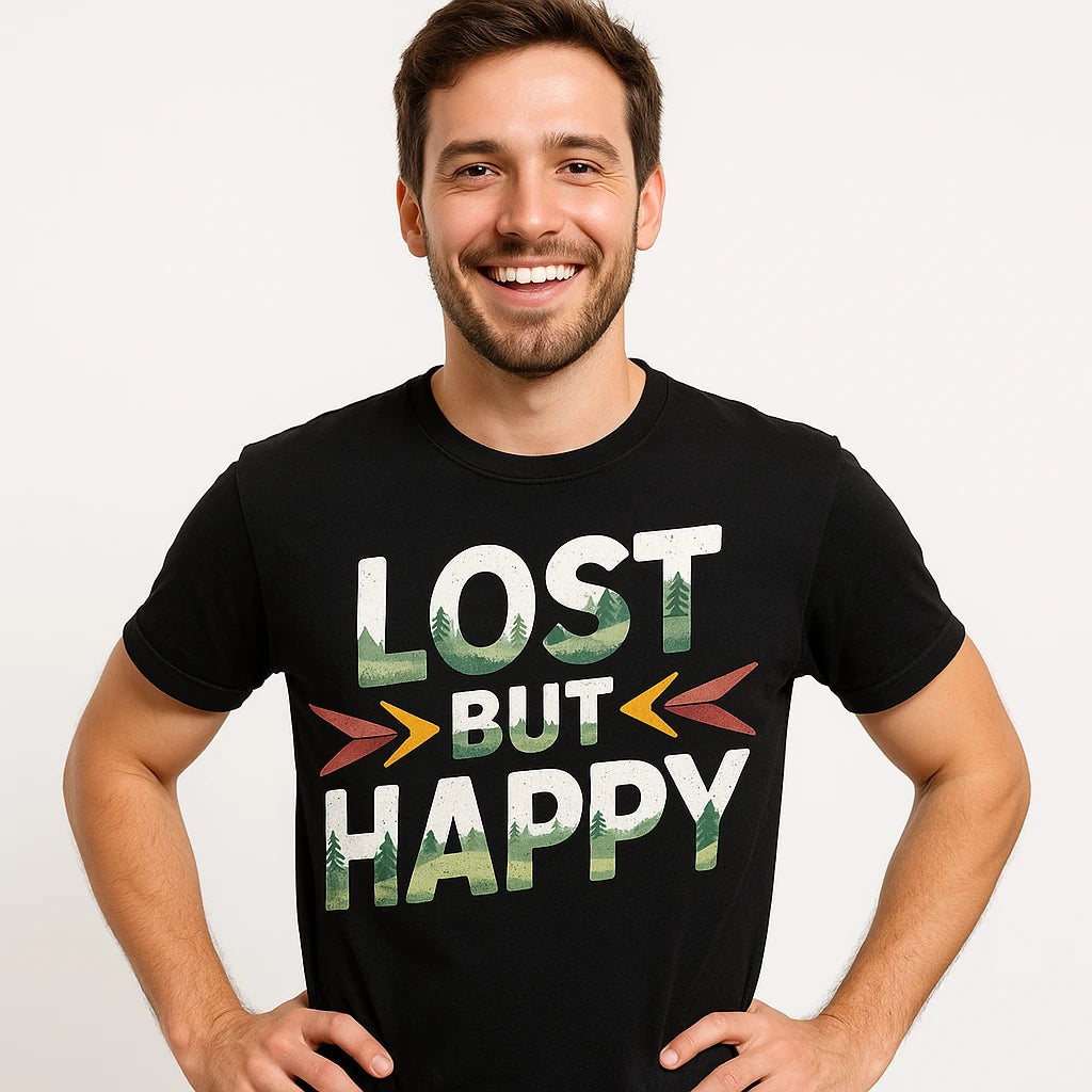 Close-up of the "Lost But Happy" gray print on a premium Bella+Canvas black trekking shirts mens