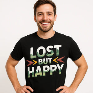 Close-up of the "Lost But Happy" gray print on a premium Bella+Canvas black trekking shirts mens