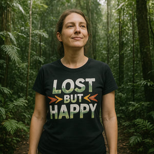 Lifestyle shot of the "Lost But Happy" black trekking shirts mens in a real-world setting