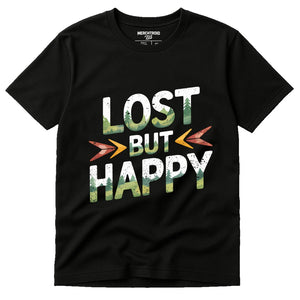 Black Trekking Shirts Mens - "Lost But Happy" graphic tee with gray print, flat lay product photo