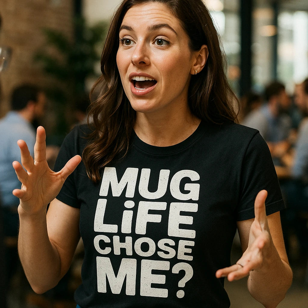 A person with long brown hair, wearing a black T-shirt with text, is speaking animatedly with hands raised, in a social setting.