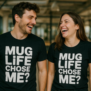 Person wearing the black entrepreneurs t shirt graphic tee - "Mug Life Chose Me" design