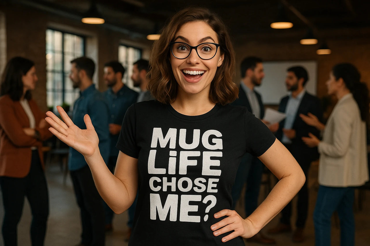 A person with shoulder-length brown hair and glasses is smiling broadly. They are wearing a black T-shirt with the text "MUG LIFE CHOSE ME?" printed in white. In the background, a group of people is engaged in conversation in a casual office setting.