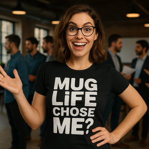 Lifestyle shot of the "Mug Life Chose Me" black entrepreneurs t shirt in a real-world setting